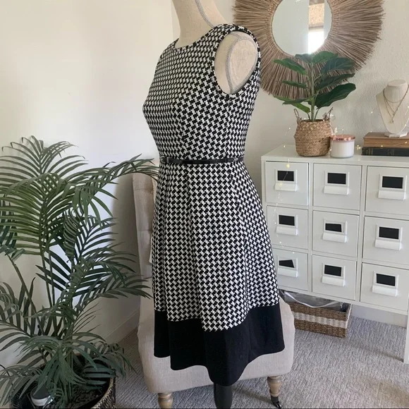 Calvin Klein Black White Houndstooth Belted Sleeveless Fit & Flare Work Dress 2 - Picture 2 of 12